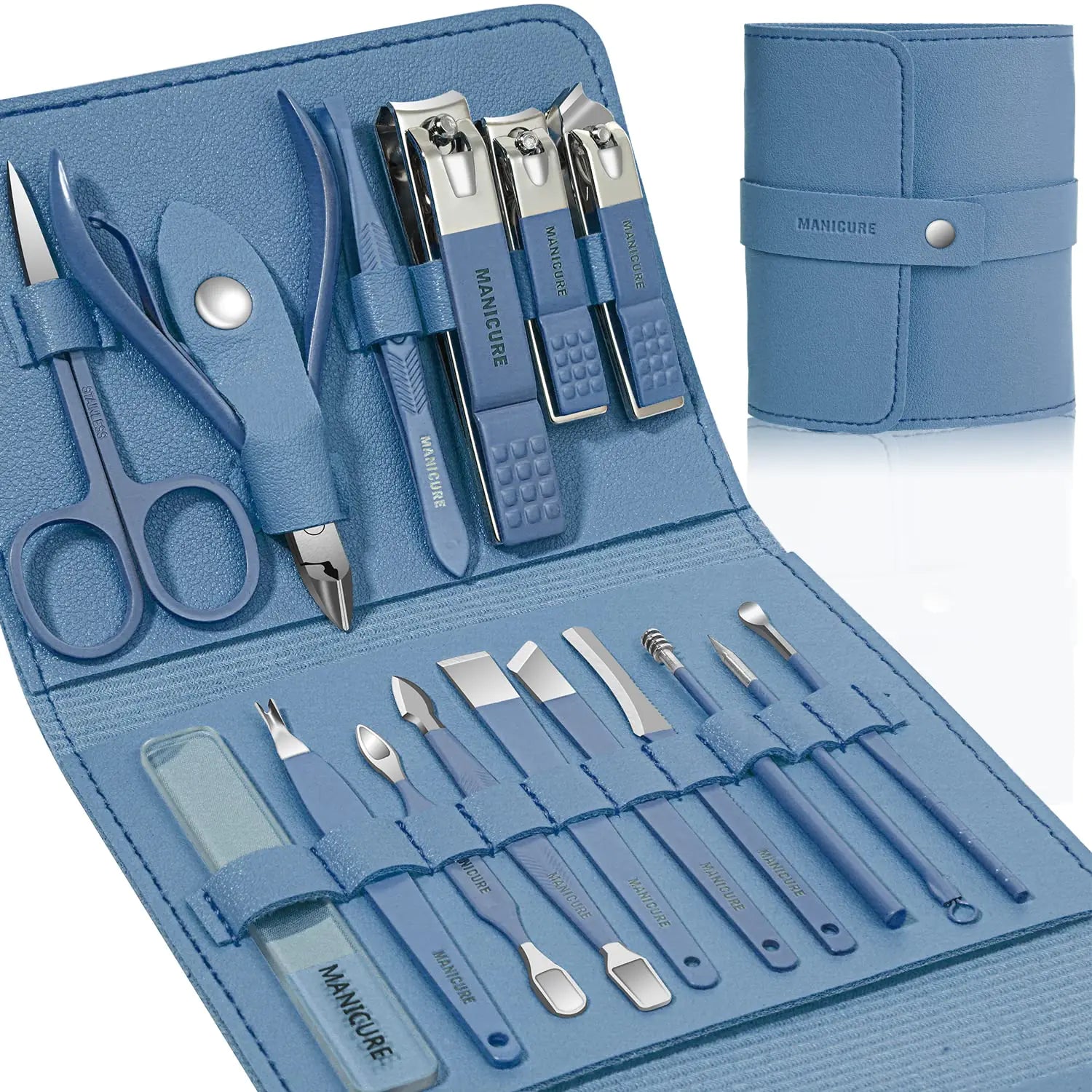 Manicure Set Professional Nail Clippers Pedicure Kit 16 pcs Stainless Steel Nail Care Tools Grooming Kit with Luxurious Travel Leather Case for Thick Nails Men Women Gift (Blue)