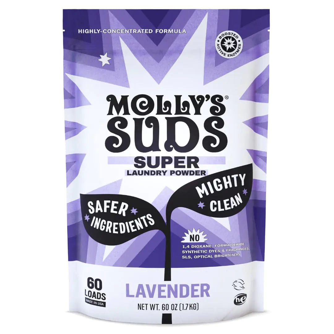 Mollys Suds Super Powder Detergent | Natural Extra Strength Laundry Soap Stain Fighting | Sensitive Skin | Earth Derived Ingredients | Lavender 60 Loads