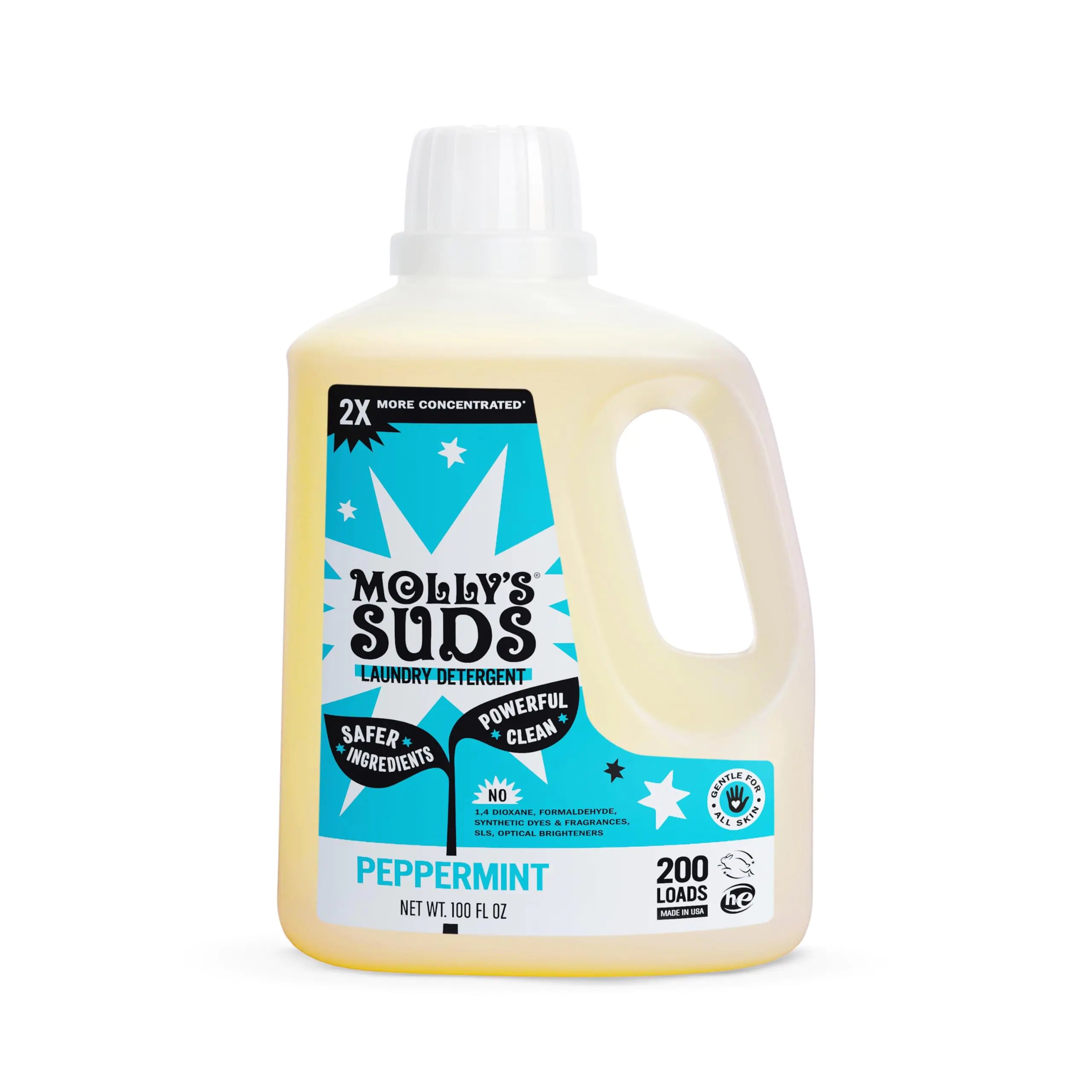 Mollys Suds Liquid Laundry Detergent | Clean Laundry Detergent Soap for Sensitive Skin | 2x Concentrated High Efficiency (HE) (Peppermint - 200 Loads)