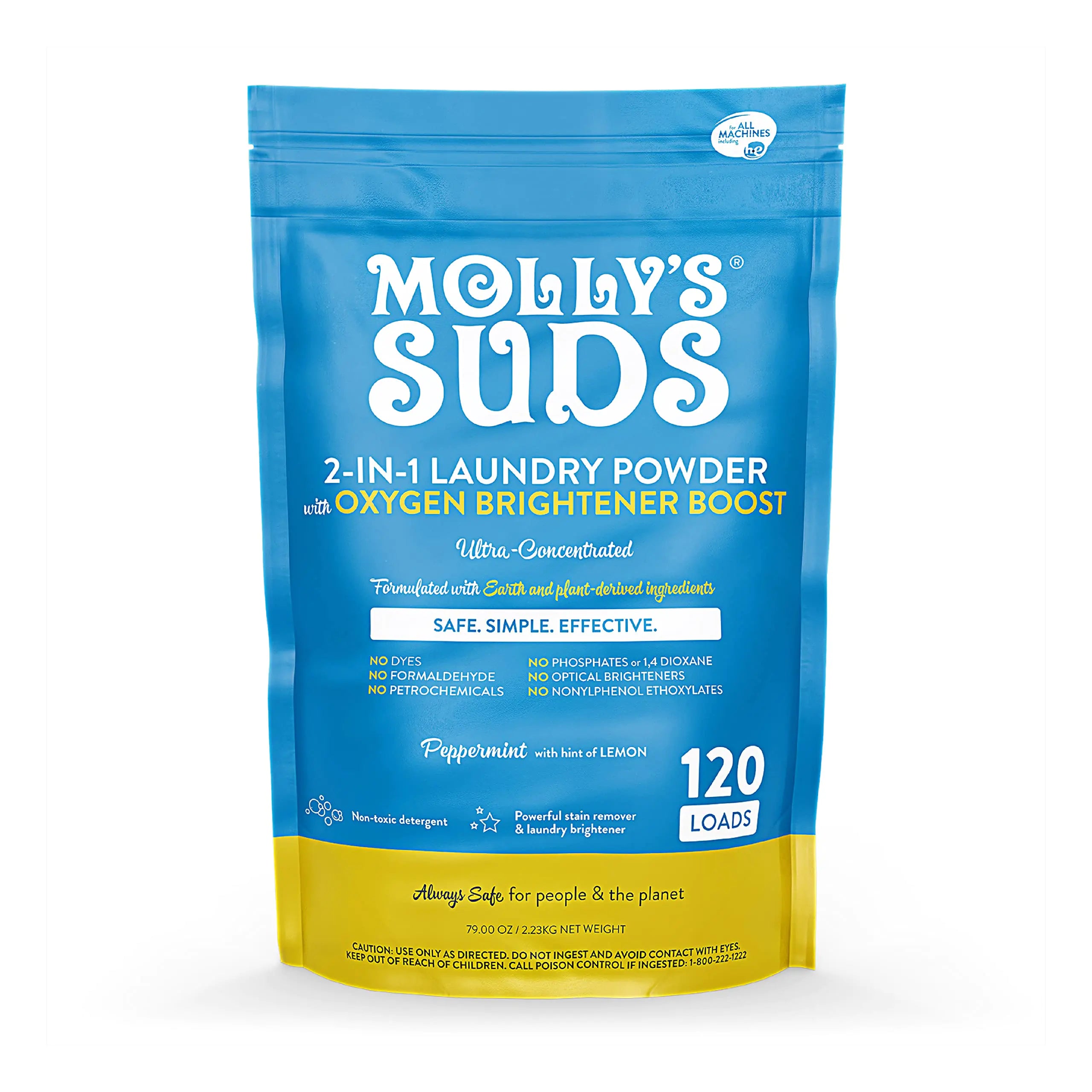 Mollys Suds 2-in-1 Original Laundry Powder with Oxygen Brightener Boost | Clean Laundry Detergent & Stain Remover | Peppermint with Hint of Lemon 120 Loads